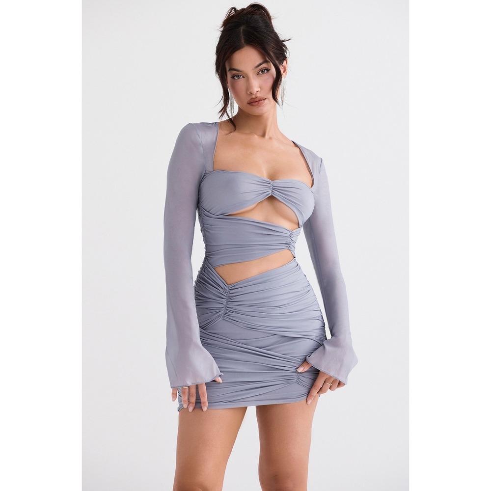House of CB Camille Dove Grey Silk Ruched Cutout Mini Dress XS - Picture 10 of 12